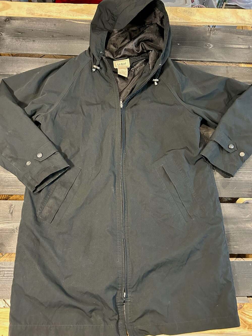 L.L. Bean Women's Black Hooded Rain Trench Coat with Plaid Liner - SMP